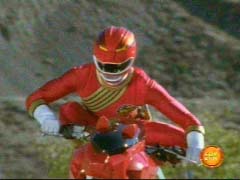 Red Ranger tries to get the hang of his cycle
